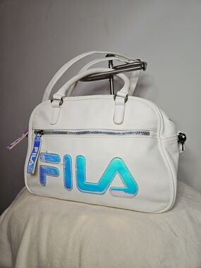 Fila White Satchel with Iridescent Blue Logo